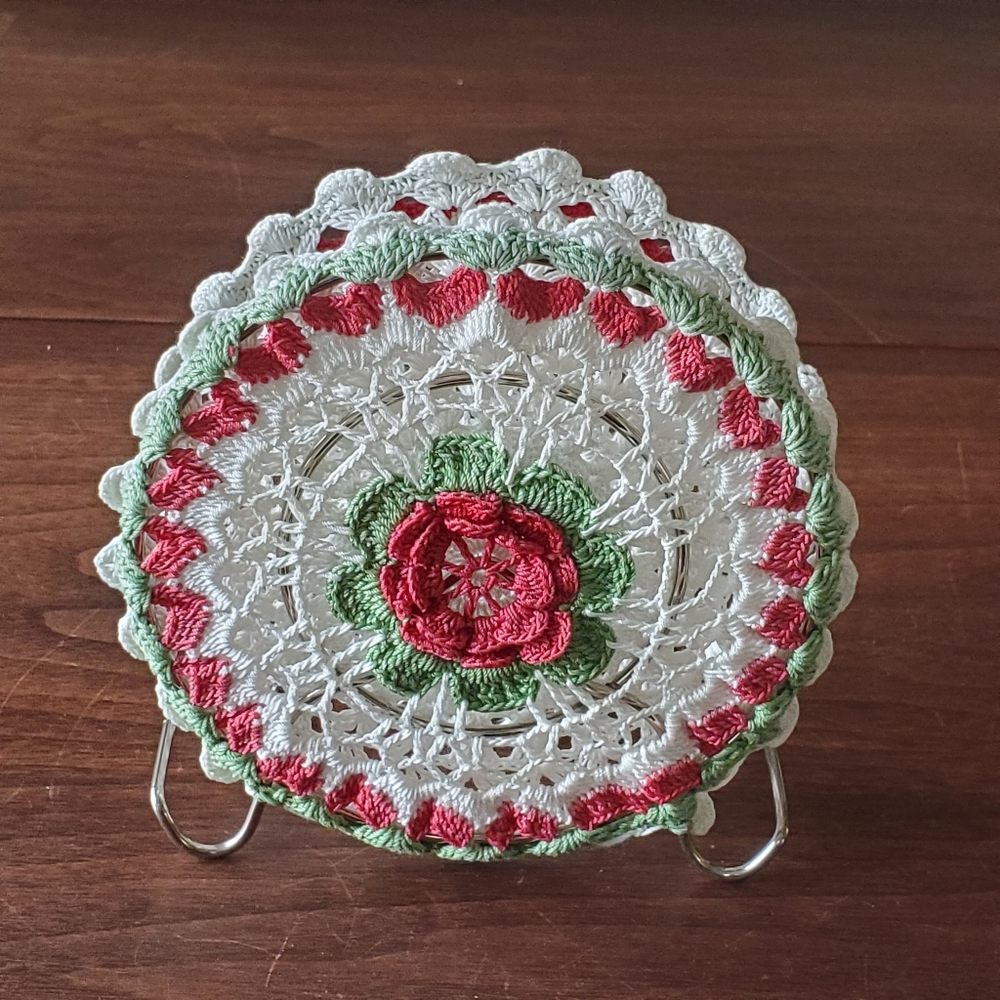 Vintage 1950s Hand Crochet Doily Covered Metal Wire Napkin Holder Cottagecore